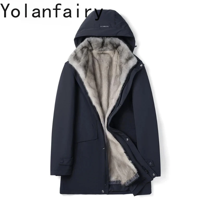 YOLANFAIRY Natural Fur Coat Parkas Men Luxury Winter Mid-length Jacket Detachable Mink Fur Liner Man Clothing Warm Hooded Coats