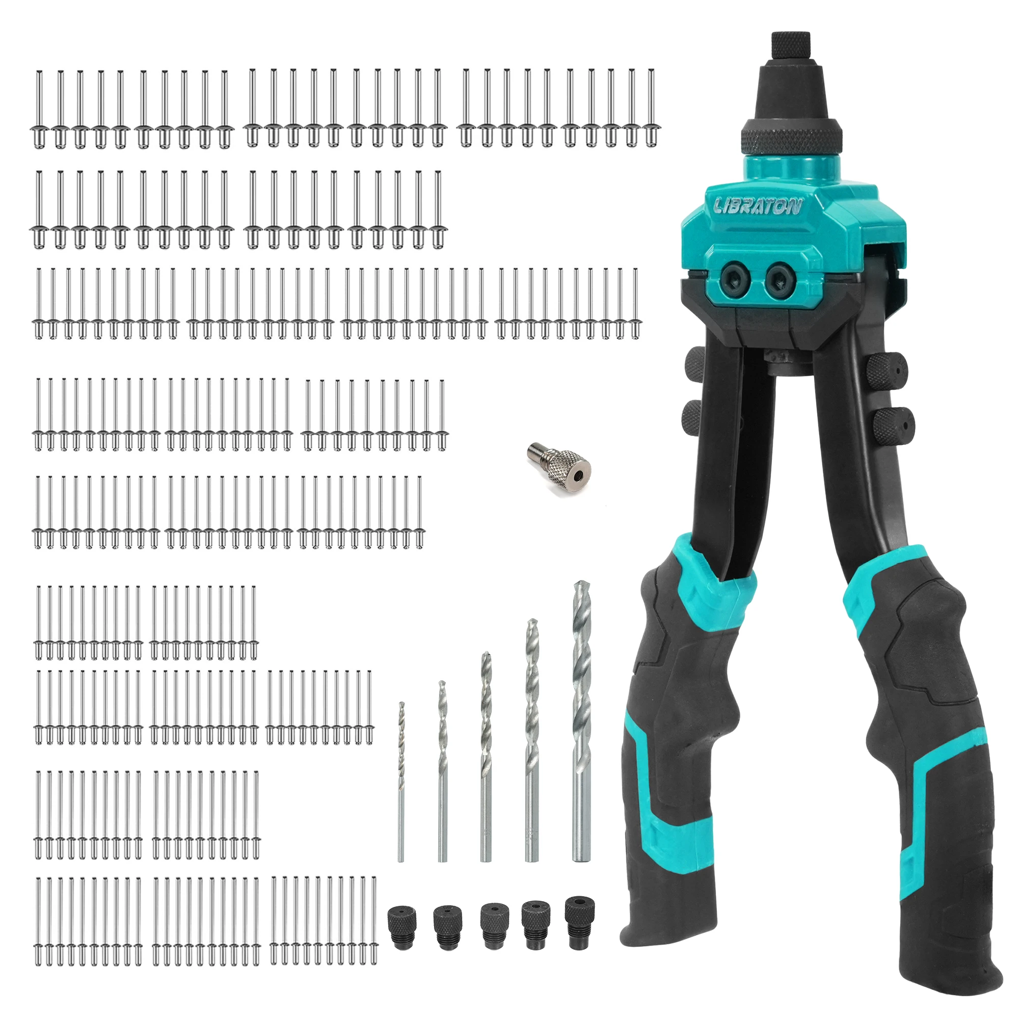 

LIBRATON 261PCS Pop Rivet Gun Kit with 11-Inch Heavy Duty Rivet Gun, 250 Rivets, 5 Nozzles, 5 Drill Bits, Two-Handed Rivet Tools