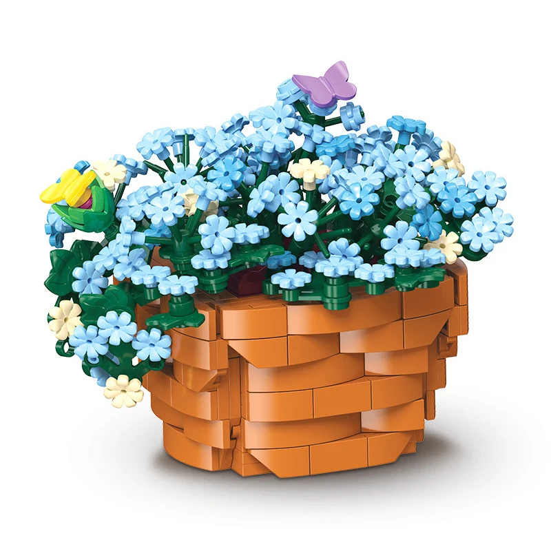 Modelo de planta en maceta de flores azules, bloques de construcción MOC JJ9131, decoración del hogar, cesta de flores, ladrillos, Ideas creativas, juguete para regalo para niños y adultos