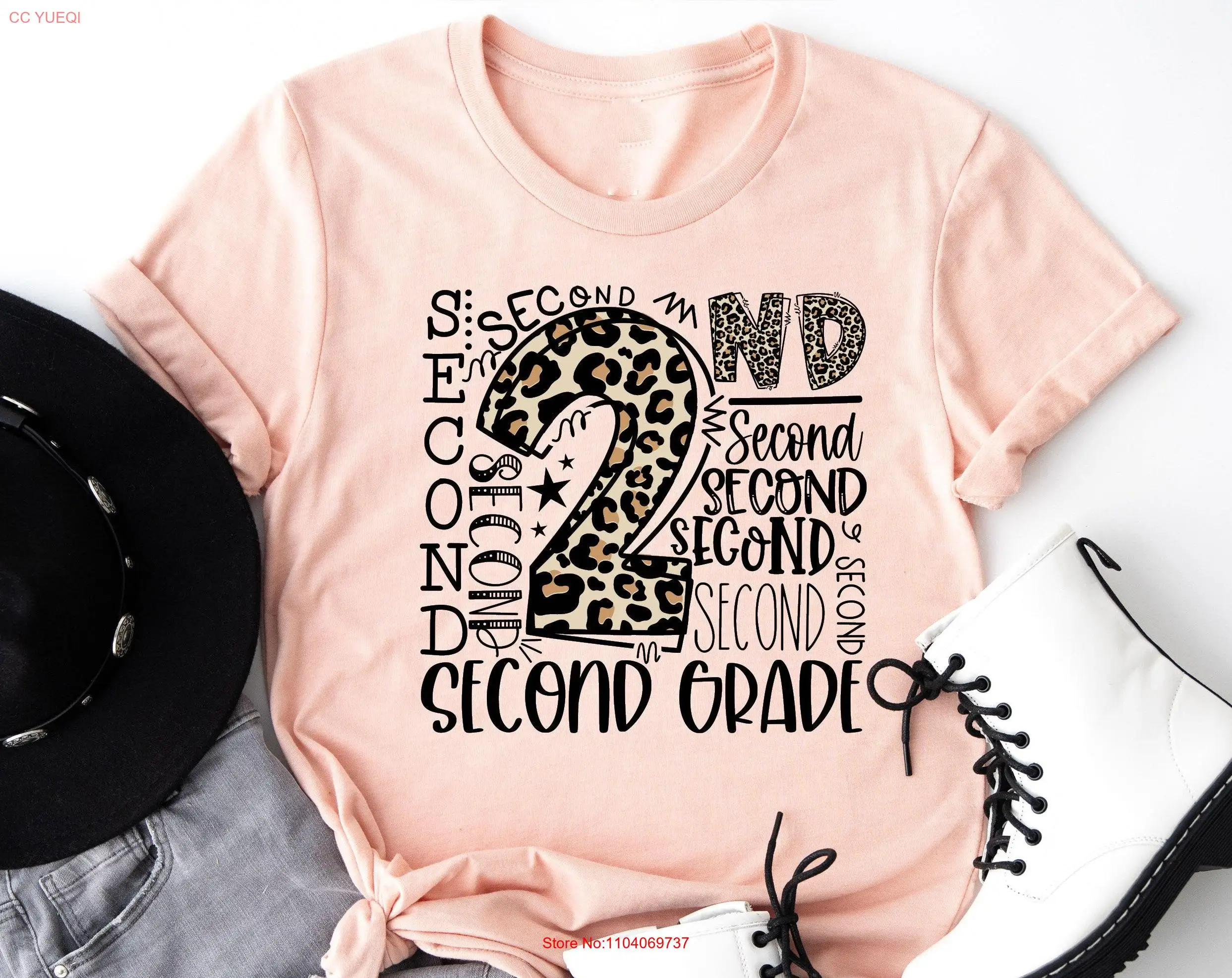 Second Grade Leopard T Shirt First Day of School Back To Hello 2nd Typography Teacher long or short sleeves