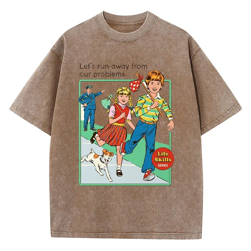 Let' Run Away From Our Problems Print Damen Distress T-Shirts Sommermode gewaschenes T-Shirt T-Shirts weiche Kleidung Unisex