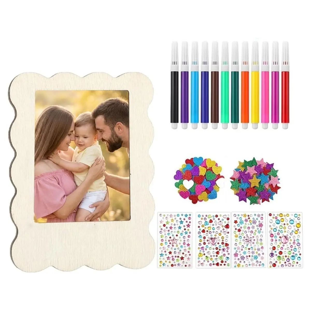 L70A Mini Wooden Picture Frame with 12 Watercolor Pencils Stickers Unfinished DIY Photo Frame Fridge Photo Decor 10 Pack