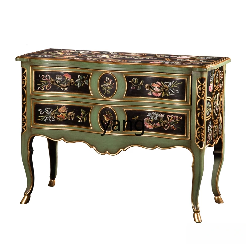 CX  American Country Solid Wood Carving Green Tall Luxury Hand Painted Entrance Cabinet