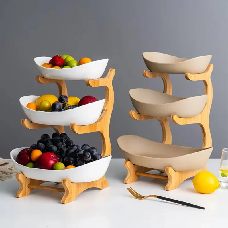 Home decoration 3-story large fruit bowl ceramic bamboo folding fruit basket kitchen counter