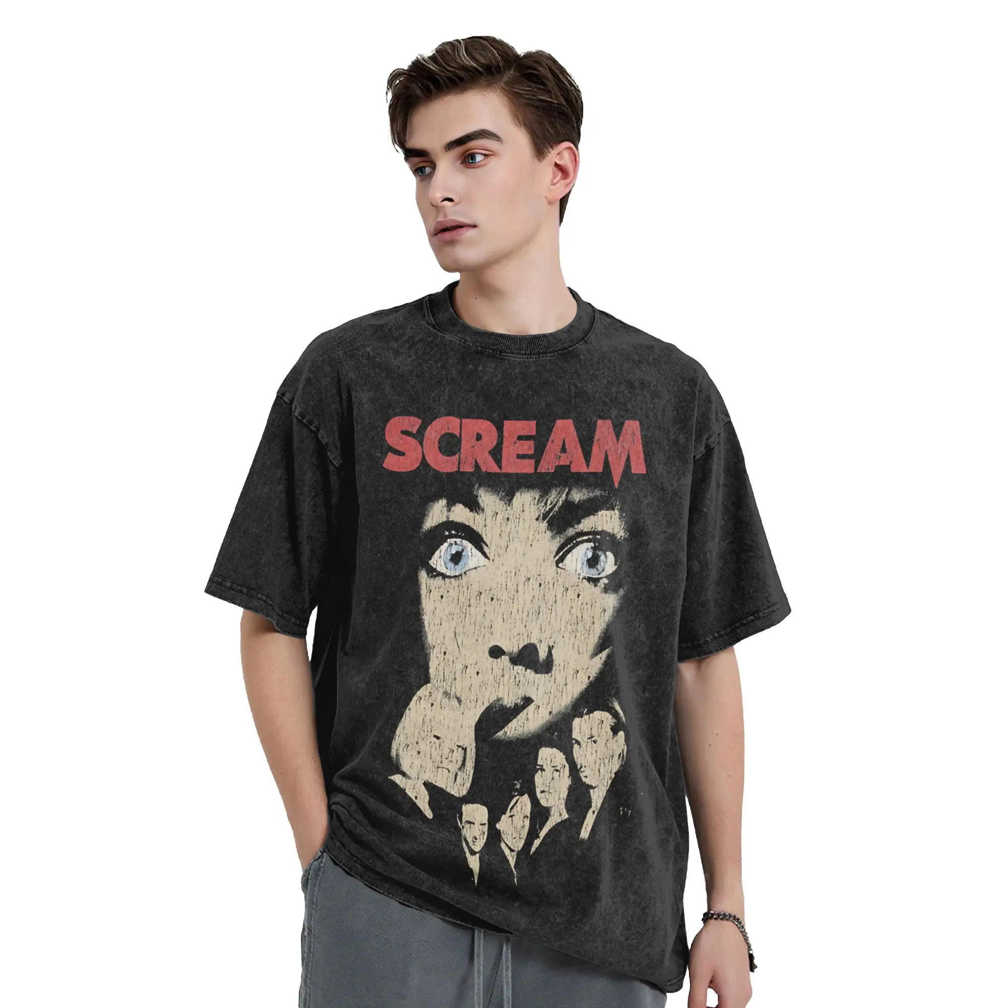 Washed T Shirt Scream Halloween Hip Hop Vintage T-Shirt Harajuku  Streetwear Cotton Printed Tops Tee Shirt Men Women