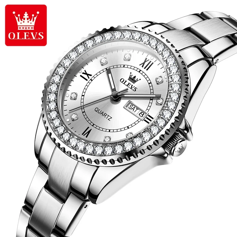 

OLEVS 9993 Luxury Dual Calendar Watch For Women Original Waterproof Stainless Steel Woman Watches Roman Scale Quartz Wristwatch