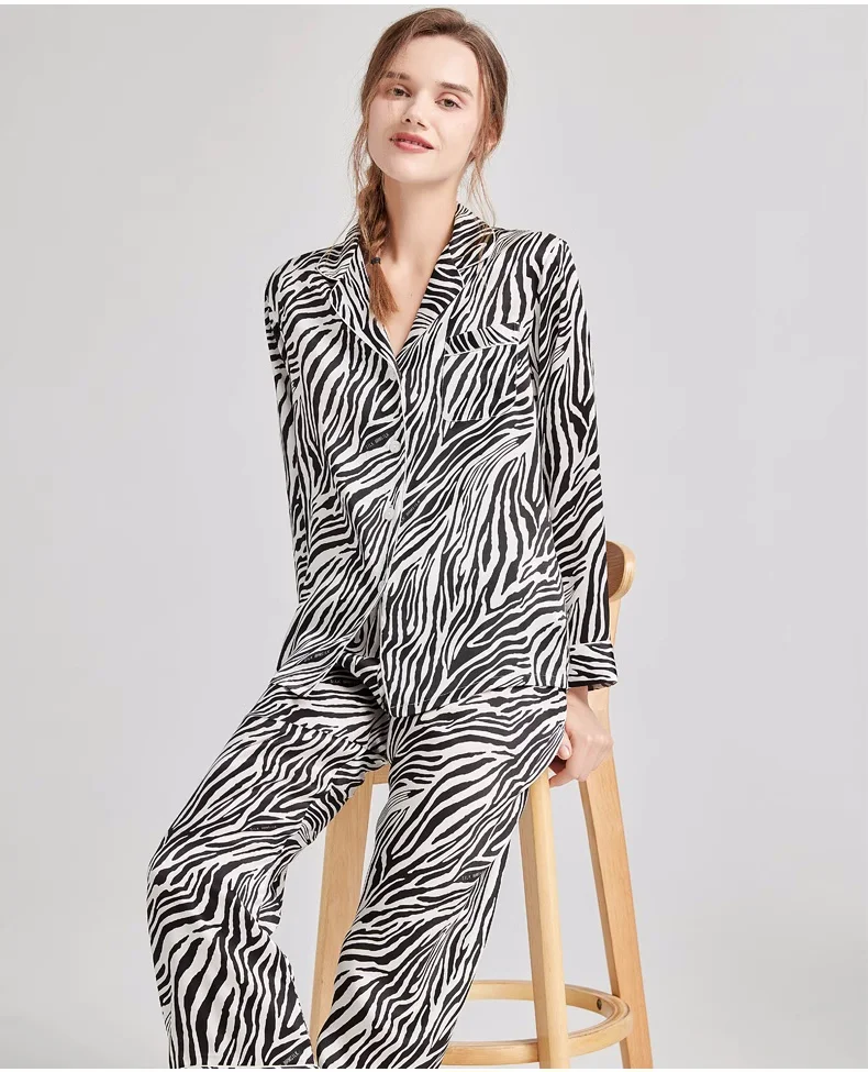 Pure Silk Pajama Set Zebra Stripe Silk Pajamas For Women Ladies Sleepwear Set Cardigan Long Sleeve Top Trousers Home Pajamas