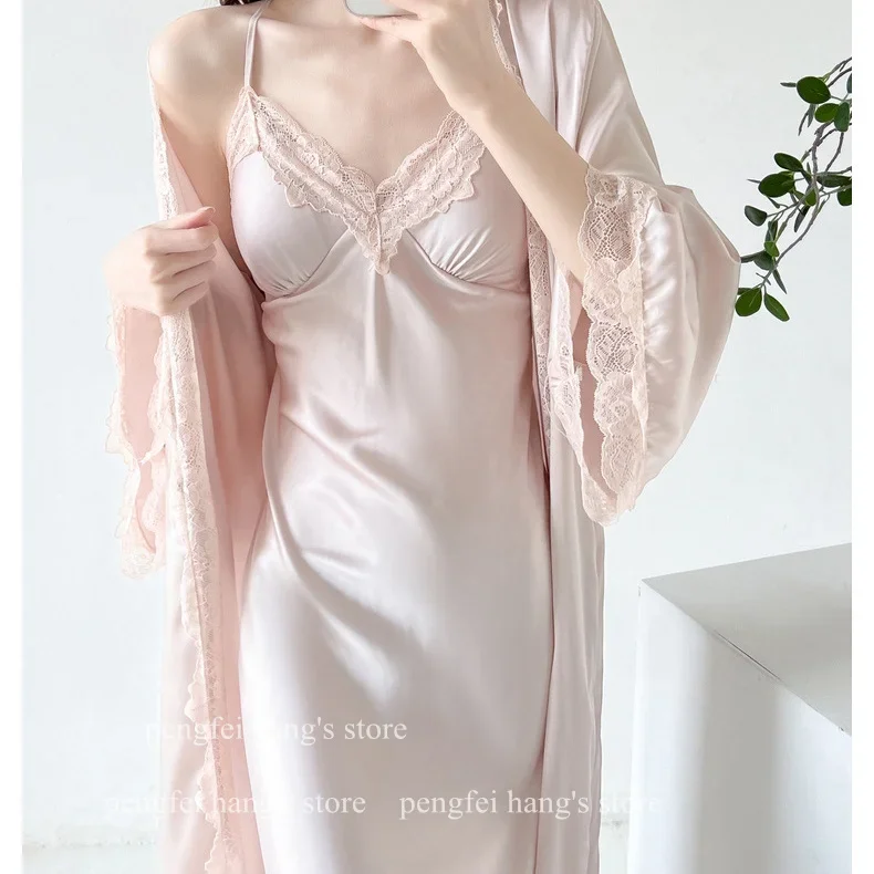 Long Kimono Bathrobe Set Elegant Home Dressing Gown Lady Elegant Satin Robe Suit 2Pcs Sling Nightdress Lace Trim Sleepwear