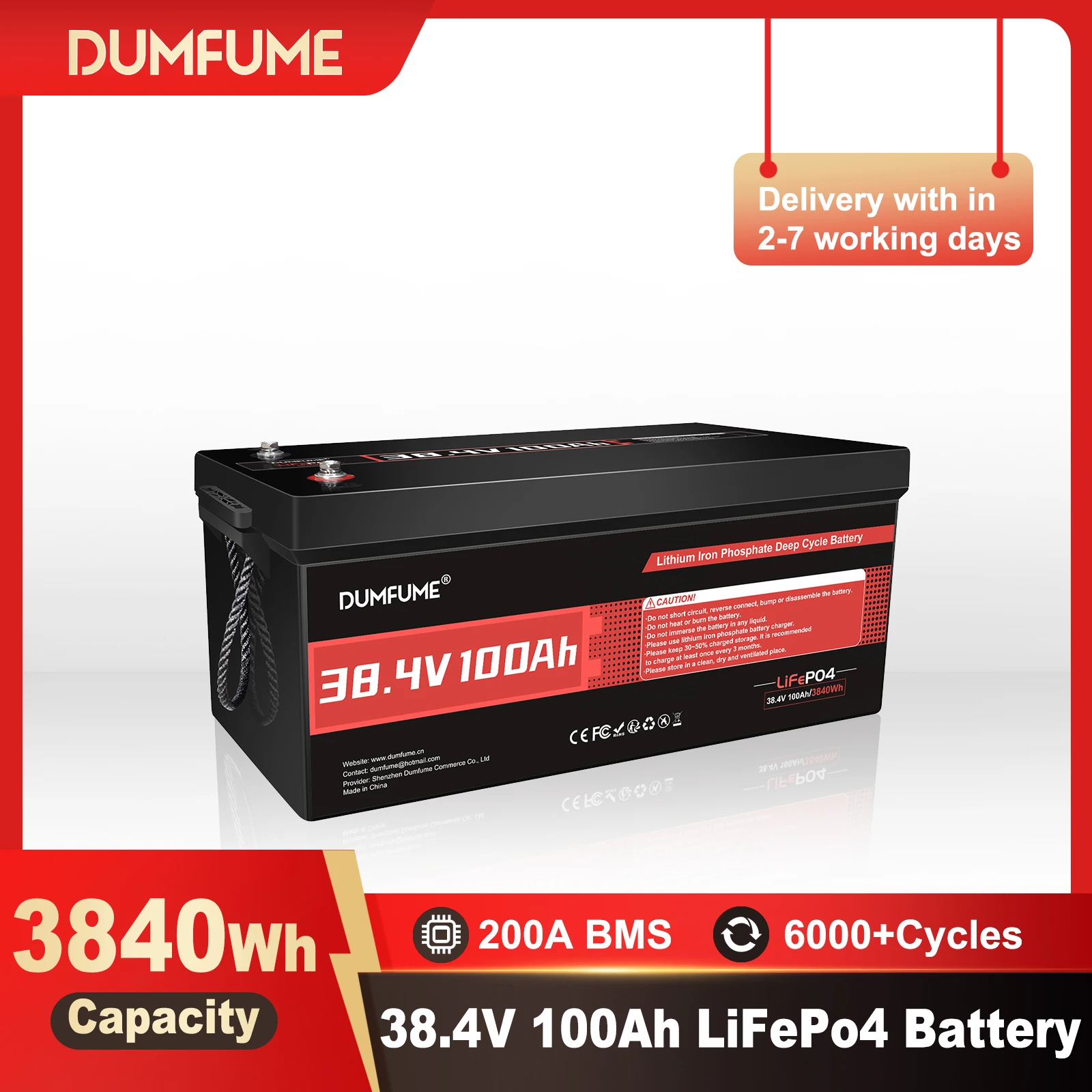

Dumfume 38,4 В, 100 Ач, литиевая батарея LiFePO4, встроенная 200 А BMS, высокая плотность энергии, мощность 3840 Втч для гольф-каров, резервное питание для автофургонов
