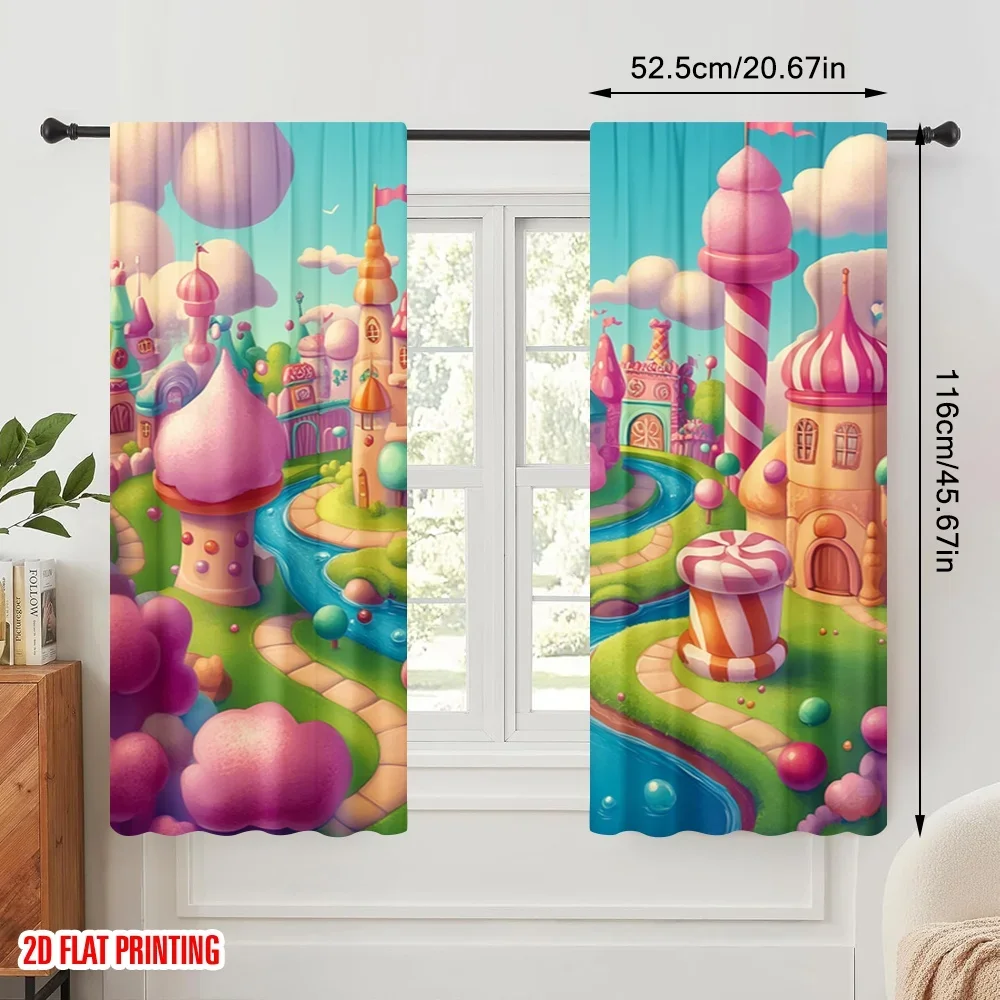 2pcs,2D plane printing Popular Curtains Candy Castle Sweet Dreamscape (2) Durable 100% Polyester Fabric (without rod) Versatile