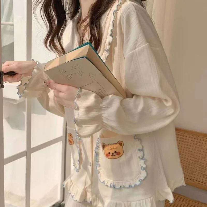 Japanese New Ins Spring  Autumn Long-sleeved Pajamas Women's Lotus Leaf Edge Set Cartoon Bear Jacquard Cute Loungewear Comfort