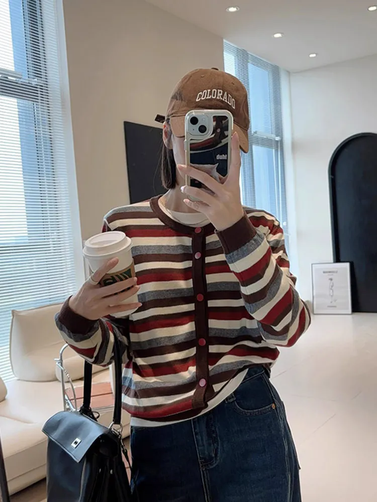 

Корейский полосатый модный дизайн, шерстяной вязаный свитер для похудения, длинный свек, универсальный повседневный возрастной женский свитер...