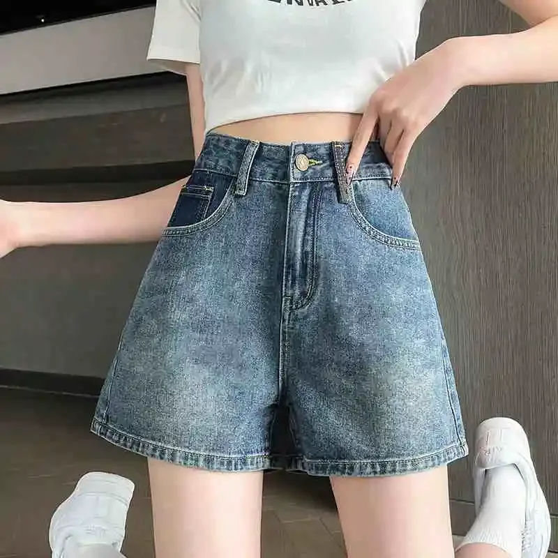 Pantalones cortos vaqueros informales de cintura alta para mujer, pantalones cortos holgados de diseñador XL, moda Harajuku, trajes elásticos, pantalones vaqueros cortos fluidos para mujer