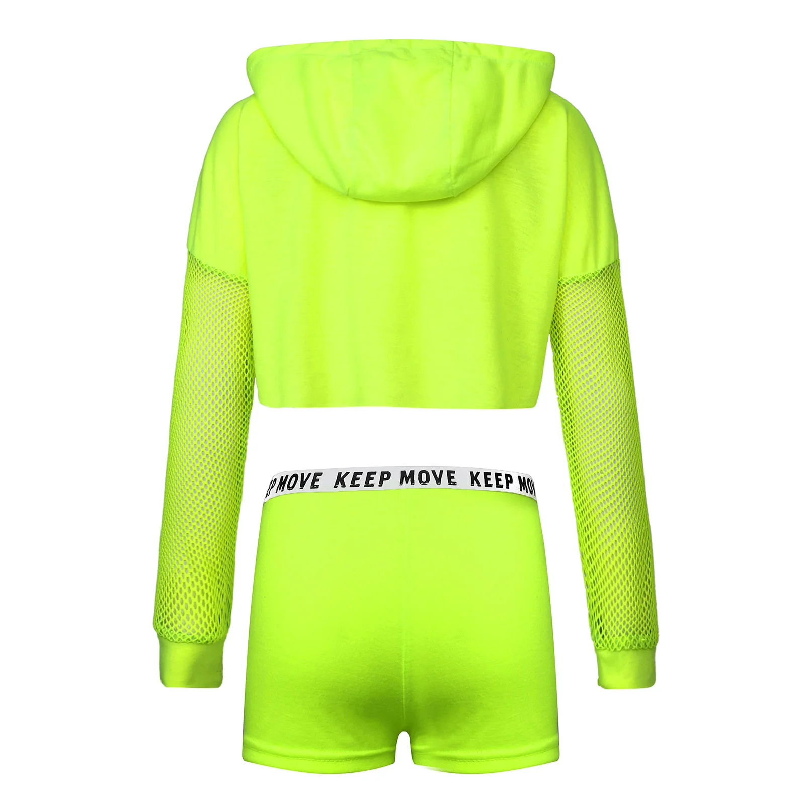 Kids Girls Mesh Long Sleeve Street Dance Costume Hooded Drawstring Crop Top with V-front Shorts for Dance Performance Workout