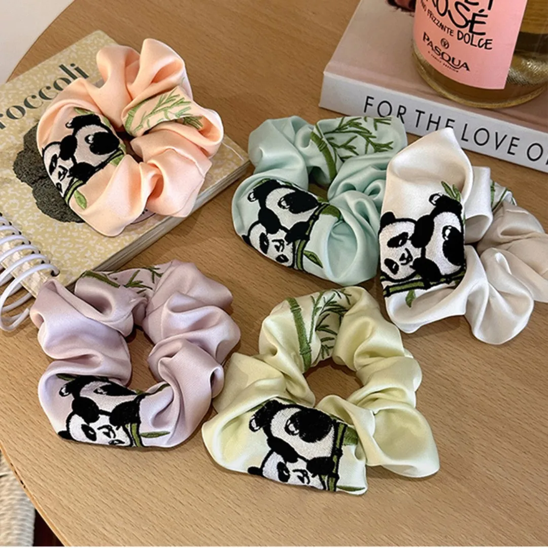 Chinese High Quality Panda Silk Hair Ties Scrunchies Cute Cartoon Bamboo Panda Family Colorful Smooth Satin Elastic Hair Bands