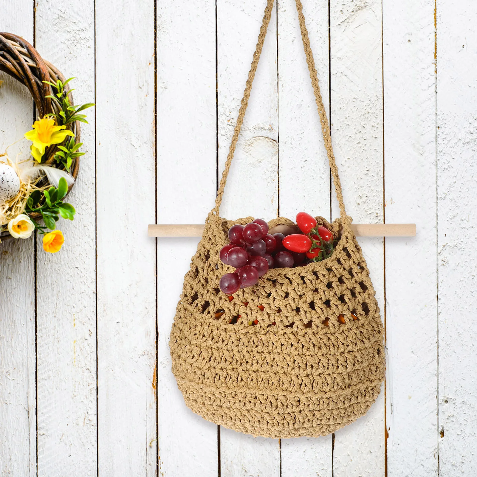 

Bohemian Fruit Basket Hanging Storage Teardrop Wall Wood Boho Cotton Baskets Decor Small