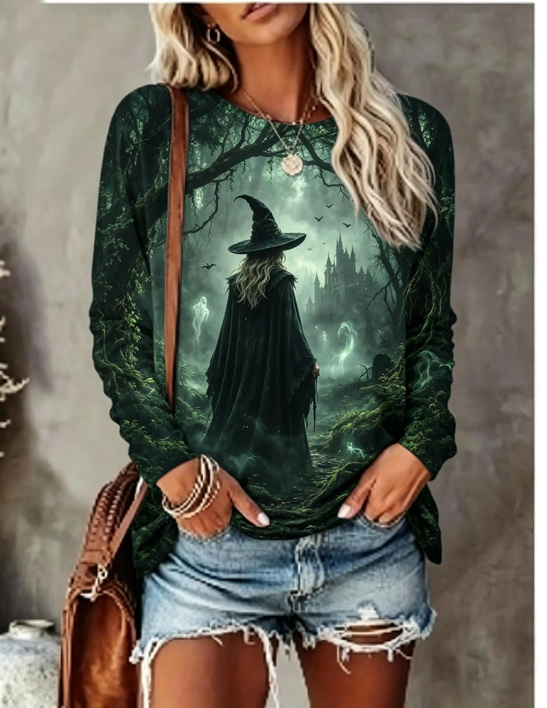 Women Halloween Long Sleeve T‑Shirt Skeleton Witch Graveyard Castle Sunset Print Crew Neck Casual Tops