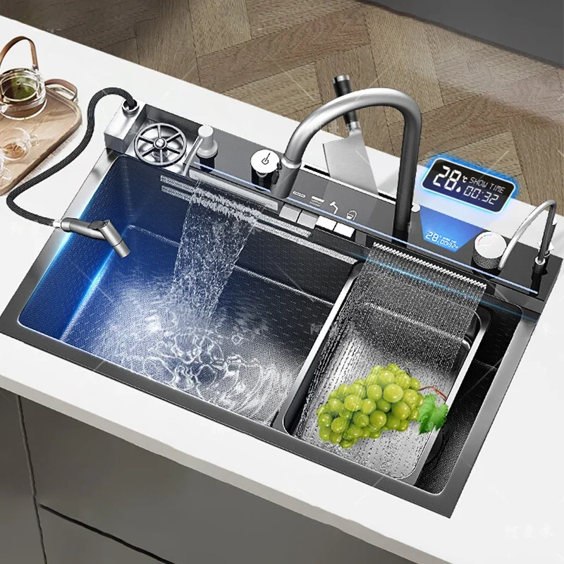 Lavabo de cuisine multifonctionnel en acier inoxydable, grand évier en relief, fente unique avec cascade, au-dessus du comptoir, nouveau