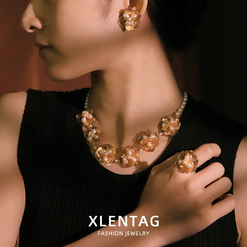 Natural Pearl Copper Gold-Plated Flower Necklace Earrings Ring Set Luxurious Design Set  Banquet Wedding Women's Jewelry GS0225 view 6