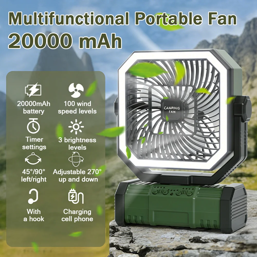 

Портативный кемпинговый вентилятор с аккумулятором 20000 мАч, перезаряжаемой светодиодной лампой и крючком, настольный вентилятор для палатки, автомобиля, поездок