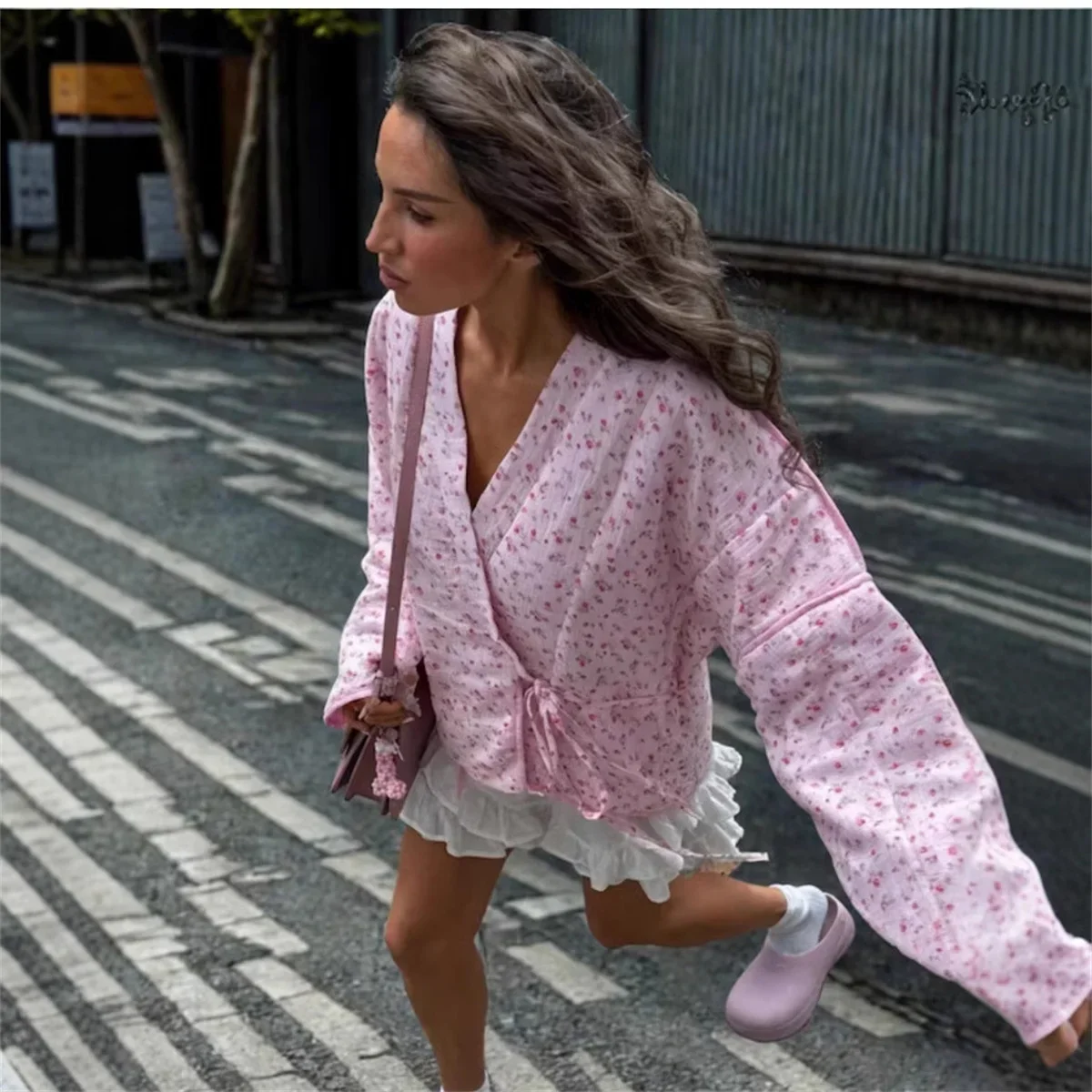 Fmxires Fashion Loose Print Cotton Women's Shirt Casual V-Neck Long Sleeve Shirts & Blouses Elegant Classic Lace-Up Top Female