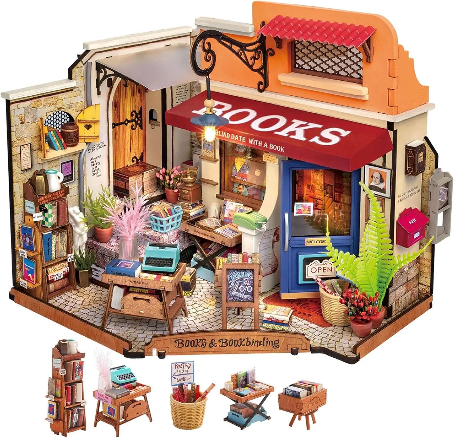 

DIY Miniature Bookstore Kit with LED Lights, 1:20 Scale Craft Set for Adults - Room Decoration
