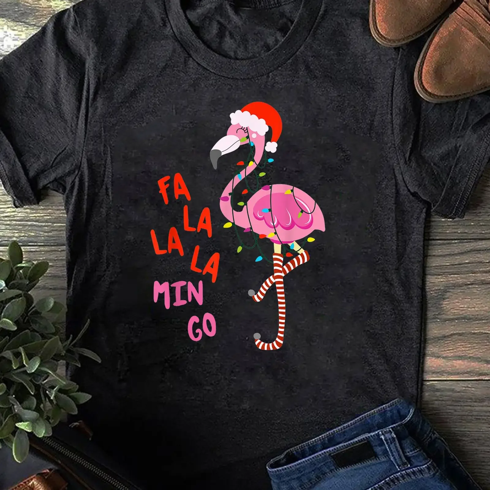 Fa La Mingo Christmas Flamingo with String Lights Santa Hat Tropical Xmas Casual T Shirt for Lovers Holiday Top vintage Washed