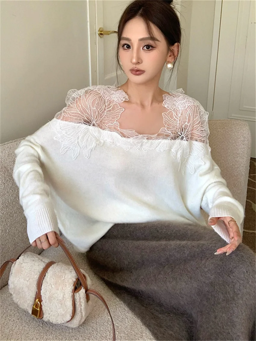 Alien Kitty Elegant Lace Patchwork Knitted Sweaters Women Chic Lady Spring 2024 Office Wear Pullovers Daily Loose Slim Casual