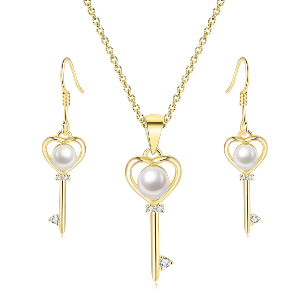 Conjunto de joyería de perlas de imitación para mujer, elegante collar con pendientes y llave mágica, Color dorado claro, regalos de boda, venta al por mayor S535