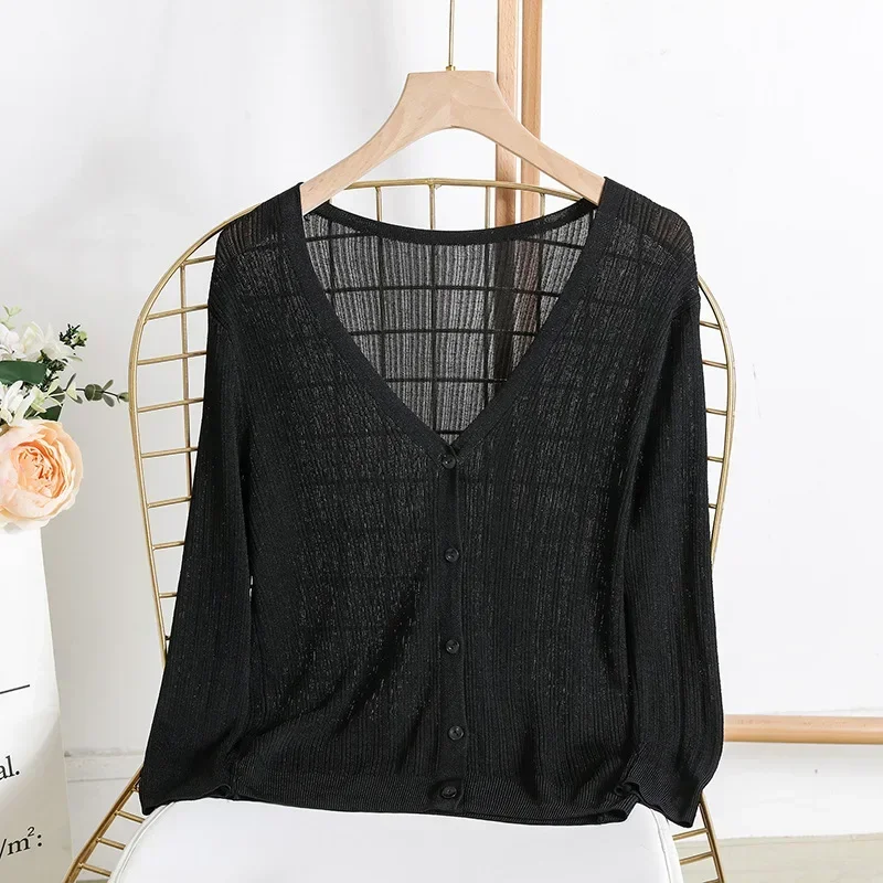 2024 Coat Ice Silk Knitted Sweater Knitted Cardigan Women\'s Summer Thin Version Sun Protection Vest Small Shawl Outer Layer