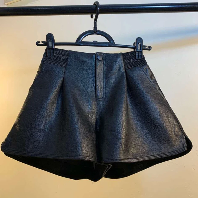 Spring Autumn New Elastic Waist Loose Leather Shorts Solid Color All-match Zipper Wide Leg Pants Fashion Vintage Women Clothing