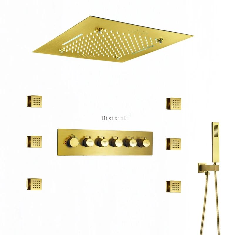 Bathroom Music Led Shower System Brushed Gold Thermostatic Rain  Shower Combo Set