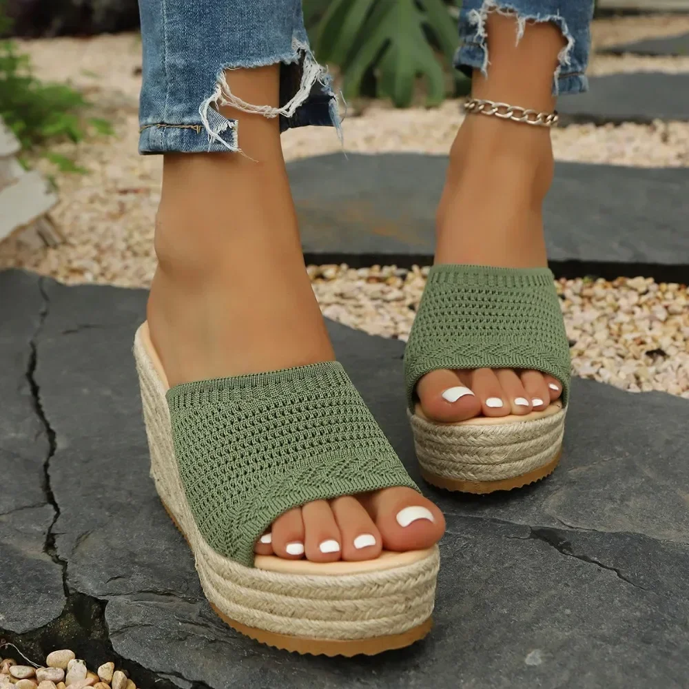 Women Espadrille Wedge Slippers Open Toe Knit Platform Mules Summer Jute Woven High Heel Sandals Slip On Beach Slides view 4