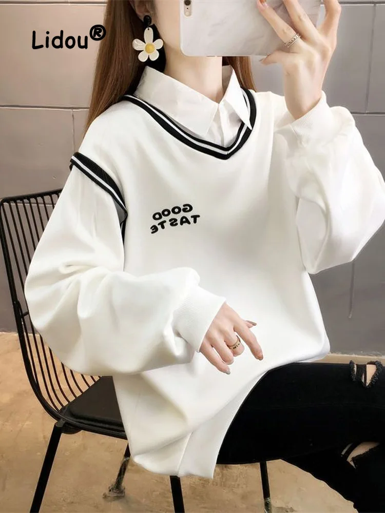 

Fashion Printing Letter Two Fake Pieces Sweatshirts Women New Classic Long Sleeve Plush and Thicken Loose Korean Polo Collar Top