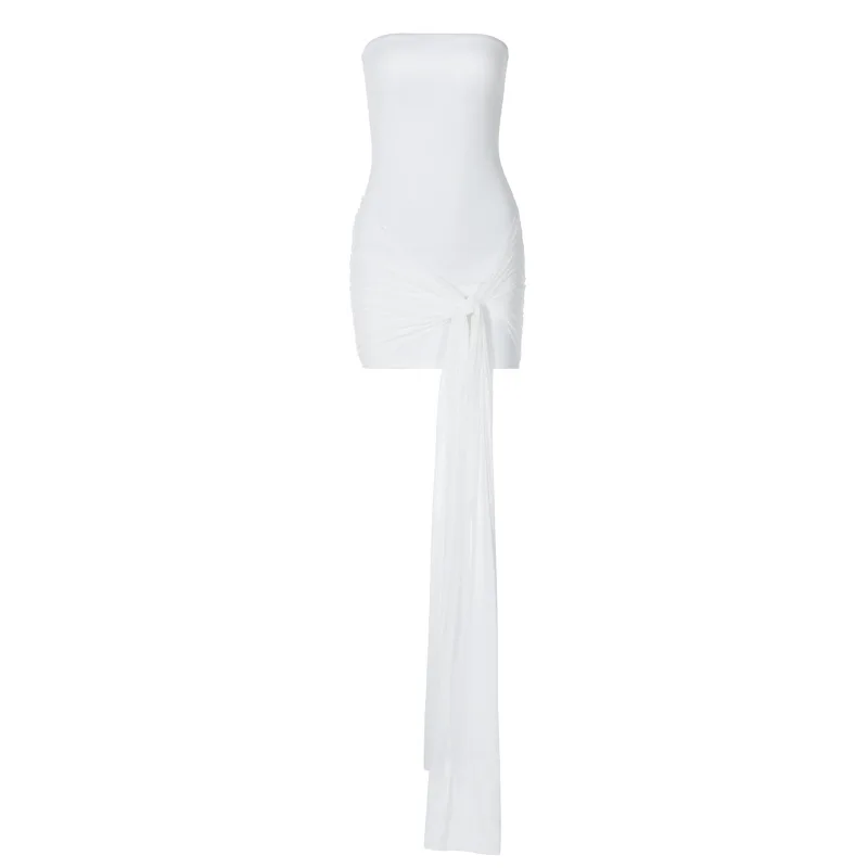 Alta qualidade venda quente verão novo estilo temperamento envolto peito cintura emenda malha fita plissado vestido curto feminino y2k