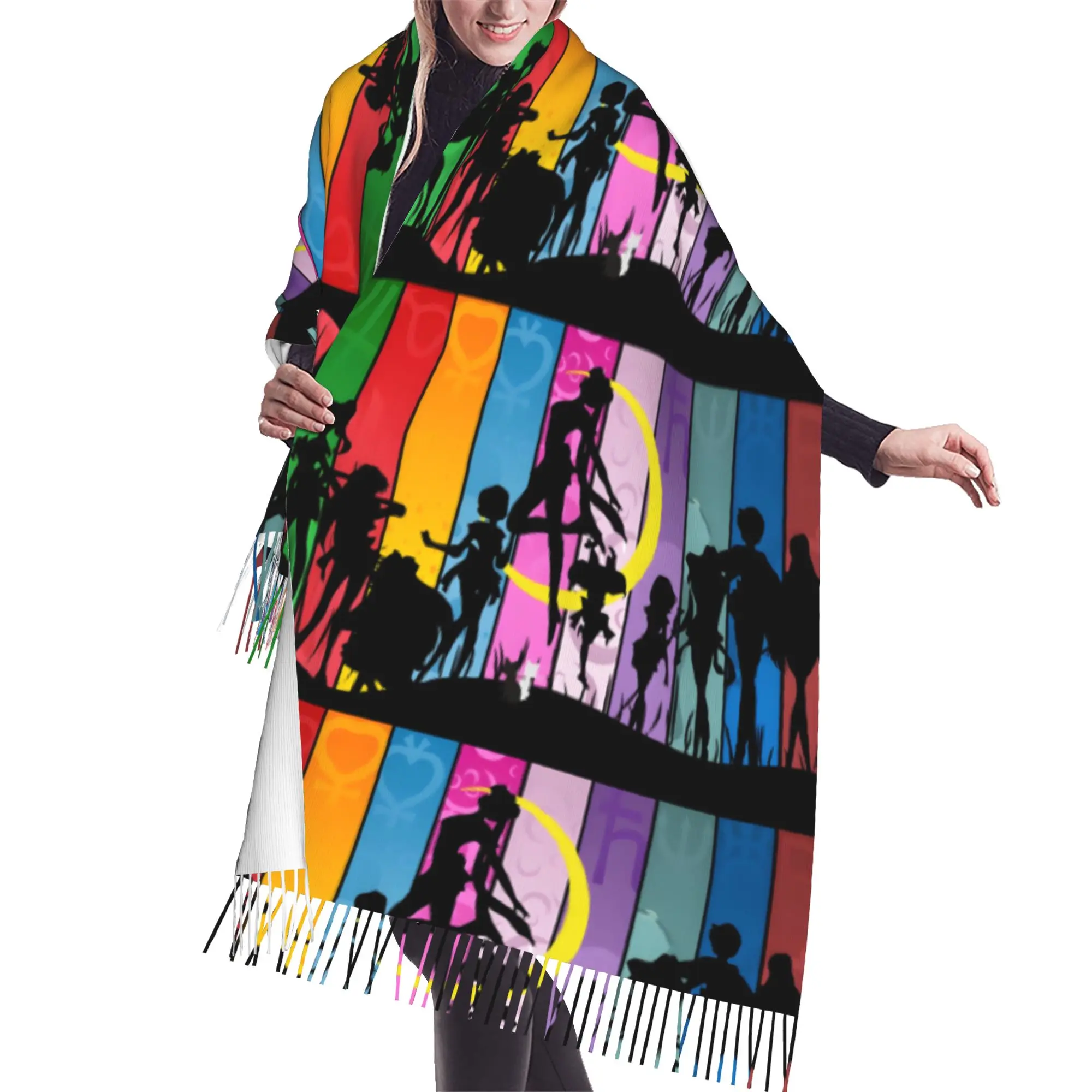 Custom Sailored Manga Anime Mooned Tassel Scarf Women Soft Usagi Tsukino Shawl Wrap Female Winter Fall Scarves
