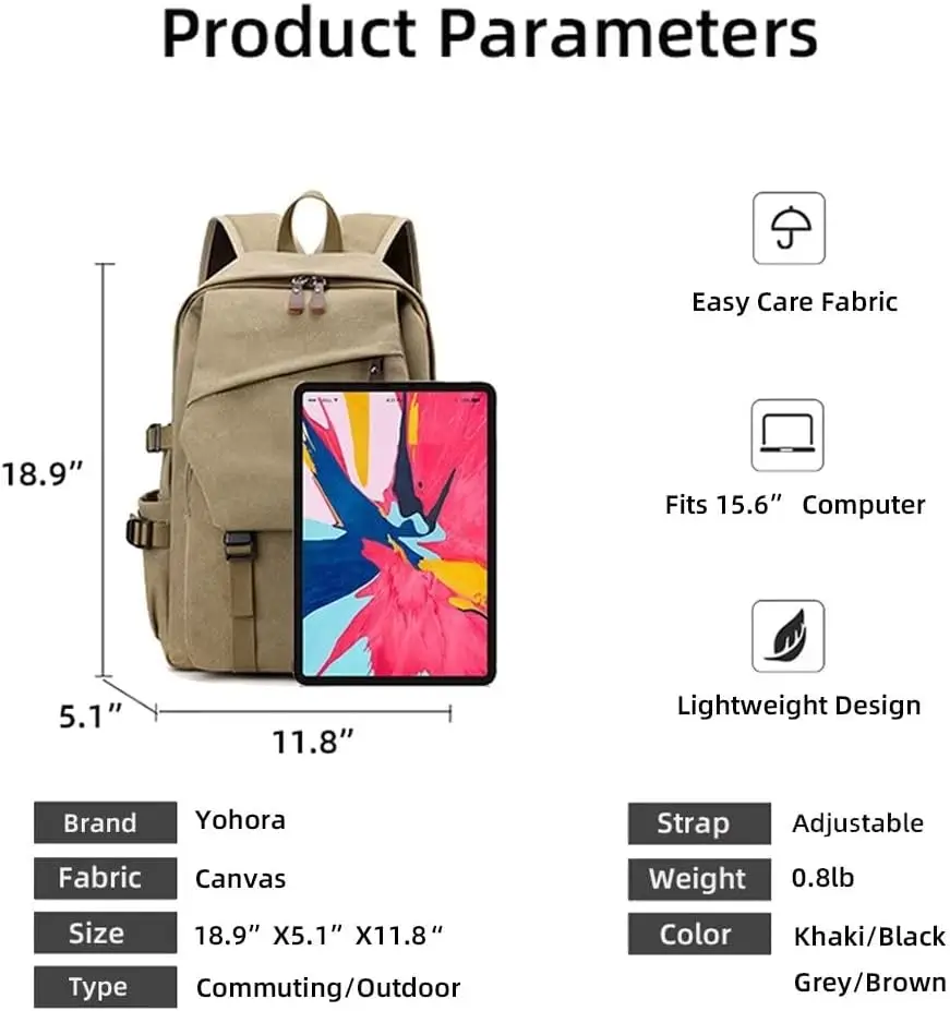 Man Casual Canvas Backpack Vintage Lightweight 15.6Inch Laptop Backpack Daily Life Travel Daypack Multi Pocket Hiking School Bag