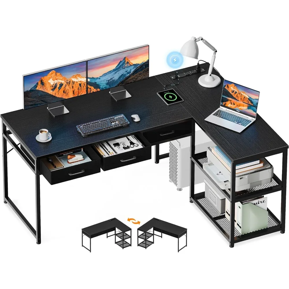 

53 inch L-shaped computer desk with drawers, corner table with power outlet and reversible storage rack, movable CPU stand