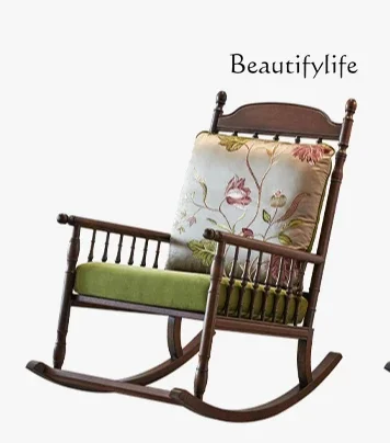 Retro Lazy Rocking Chair Reclining Chair Adult Balcony Home Leisure Adult Sofa Chair Living Room Solid Wood Happy