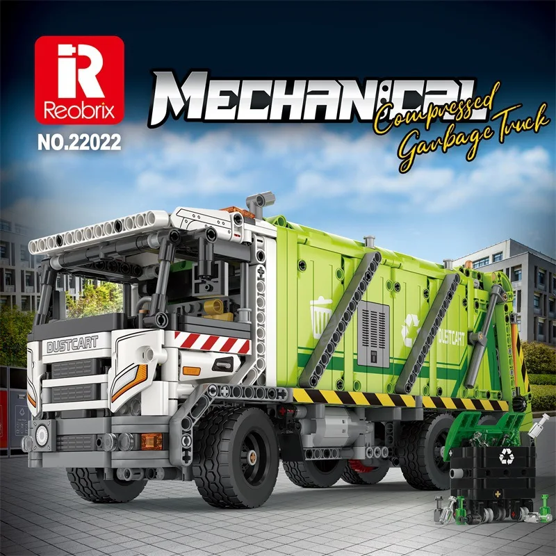 Reobrix 22022 Compressed Garbage Truck Model APP Remote Control Engineering Series DIY Toys Building Blocks Gift For Boy 1488Pcs