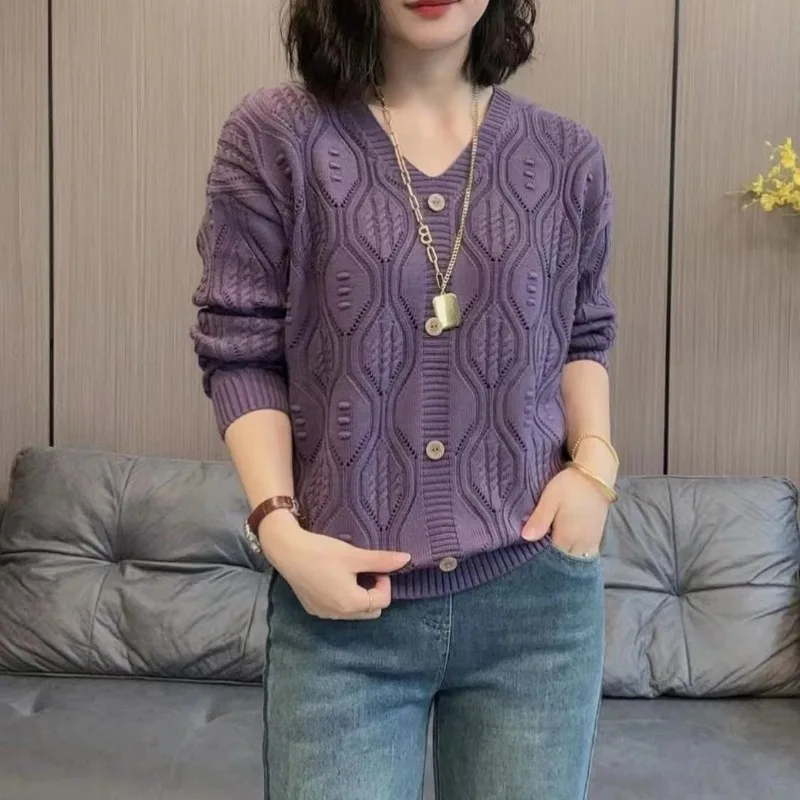 Jersey holgado de manga larga para mujer, Tops de punto con cuello en V, ahuecado, versátil, de Color sólido, para primavera y otoño