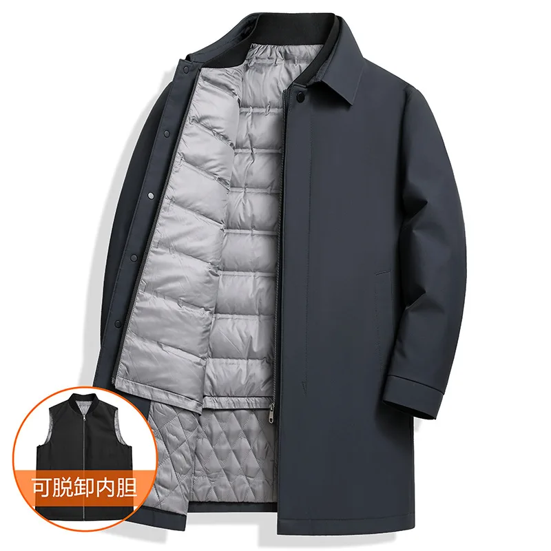 Mid-Length Trench Down Jacket Men 90% White Duck Down Business Casual Winter Coat With Detachable Liner 2 In 1 Outerwear JK-182