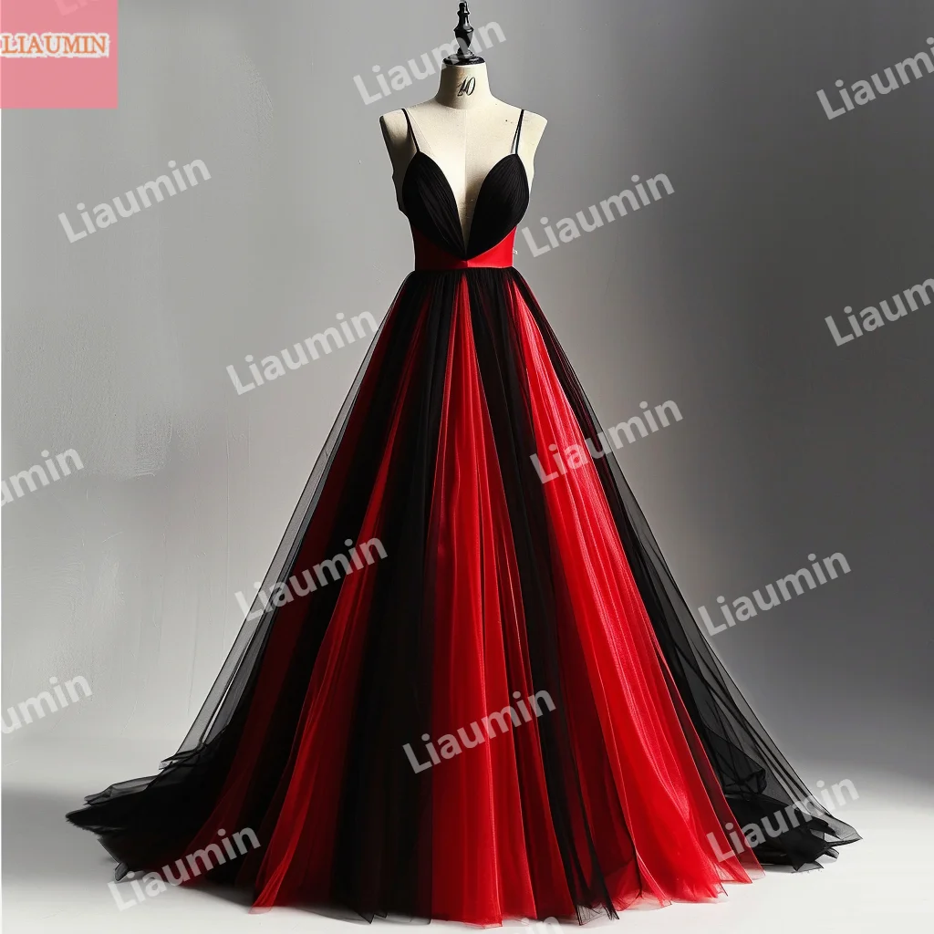 Custom Red Tulle And Black Pleat Lace Up Back V Neck Prom Dress Floor Length Spaghetti Strap Evening Formal Clothing W15-51.1