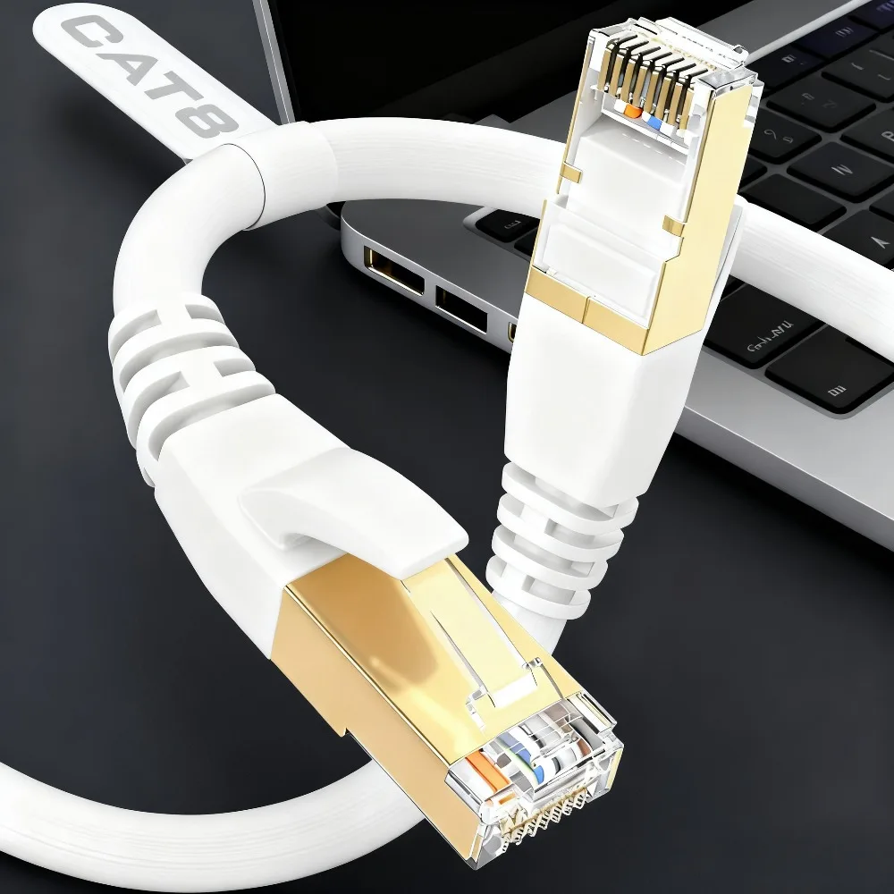Cat8 Round Cable, High Speed Heavy Duty Internet Connection Cable, 40Gbps 2000MHz High Speed, Patch Cord With Gold-plated RJ45 Connector, Suitable For Routers/gaming/computer LAN Network Cables, Supports S/FTP. Black And White.