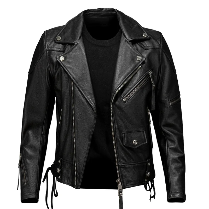 Black Autumn Leather Jacket Men Retro Style Plus Size 5XL Genuine Natural Cowhide Turn-Down Collar Motorcycle Sports Coat