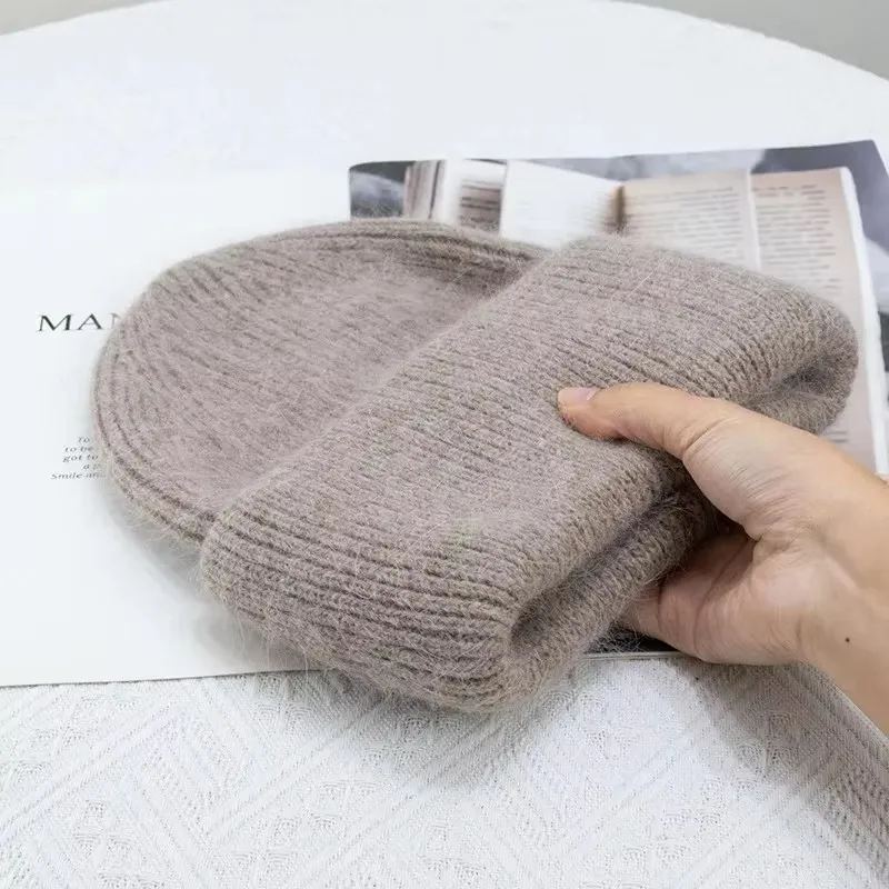 

Fashion Warm Cashmere Wool Skullies Angola Rabbit Fur Winter Knitted Beanies Women Cap Female Three Fold Ski Outdoor Hats