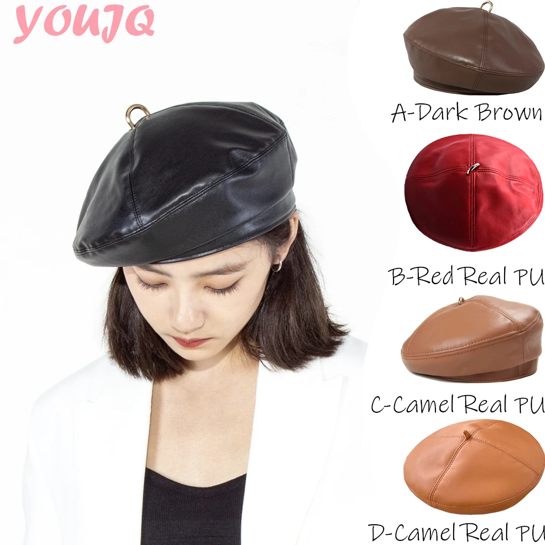 

100% Real Metal Leather Beret Hat Women Fashion Autumn and Winter European Pumpkin Streetwear Elegant Painter Caps Female S/M/L