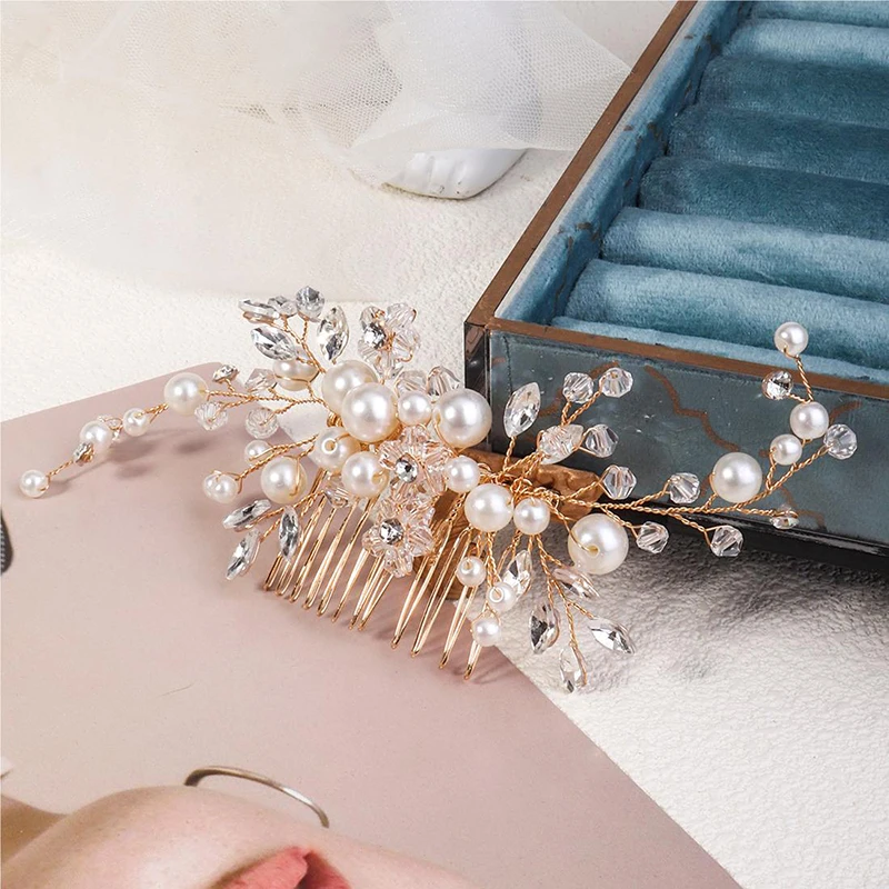 Fashion Bridal Pearl Hair Comb Silver Gold Wedding Headpiece Hair Clips Crystal Beaded Classic Jewelry Hair Accessories