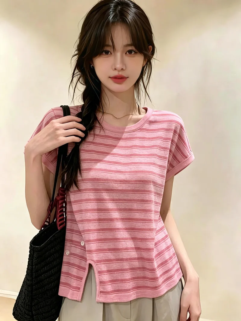 

Summer Loose Women's T-shirt Button Striped Color Block Short Sleeve Korean Style Straight Cut Silk Material Casual Top
