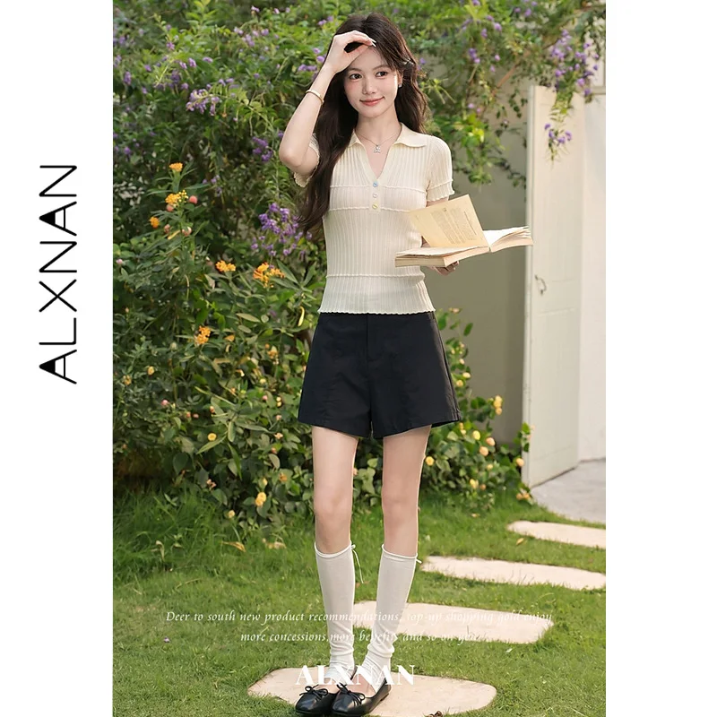 ALXNAN Women's Apricot Pullover Polo Lapel Half Placket V-neck With Macaron Contrast Color Buttons Design Female Tops L670180A